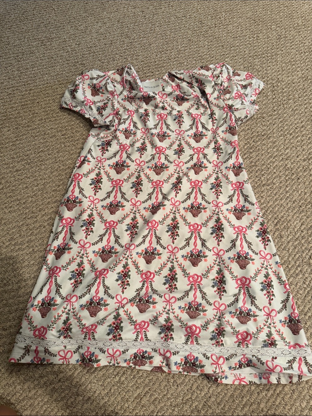 Girls Cream Floral Basket dress with Pink Bows